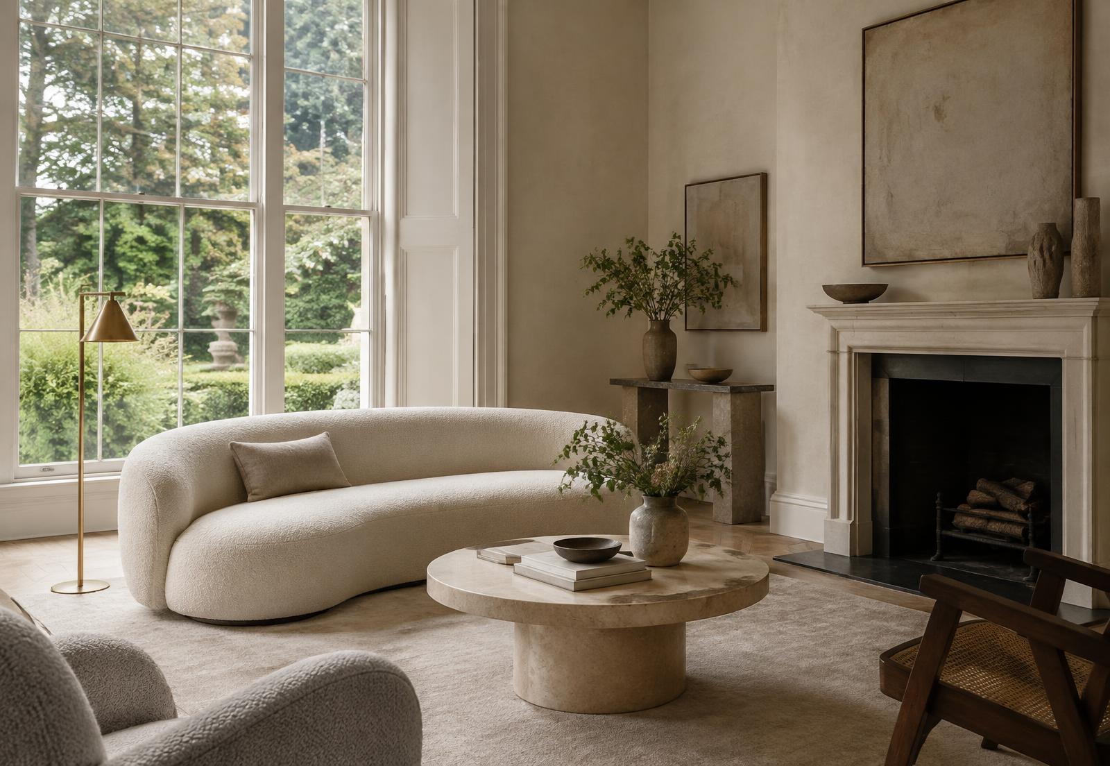 Calm London drawing room with tall garden windows