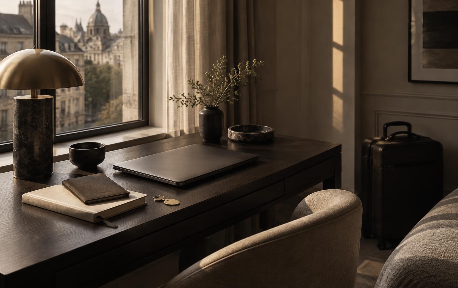 Closed laptop, notebook and travel case arranged on a quiet hotel desk